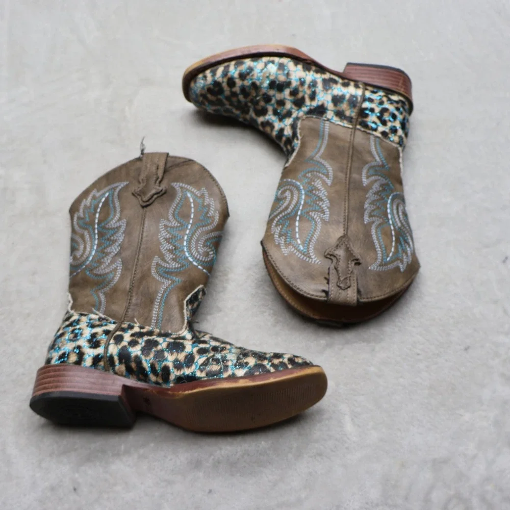 Roper Kids 12 Western Boots Brown Glitter Animal Print Cowgirl 09-018-1901-2562